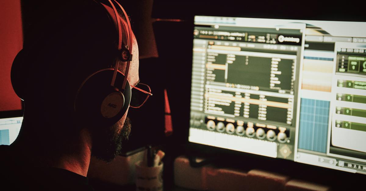 back-view-of-anonymous-bearded-freelancer-in-headphones-working-on-computer-while-using-professional-3293779