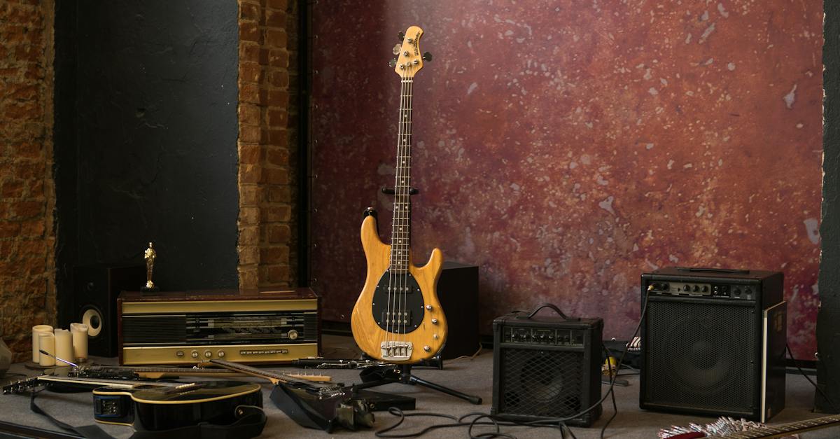 s-type-electric-guitar-placed-on-stage-near-various-musical-instruments-and-loudspeakers-in-shabby-s-7516514